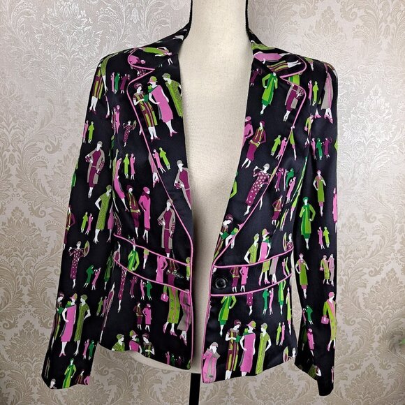 Russell Kemp Size 10 Blazer Ladies of the 1920's Print Black Green Pink 1 Button - Picture 7 of 11